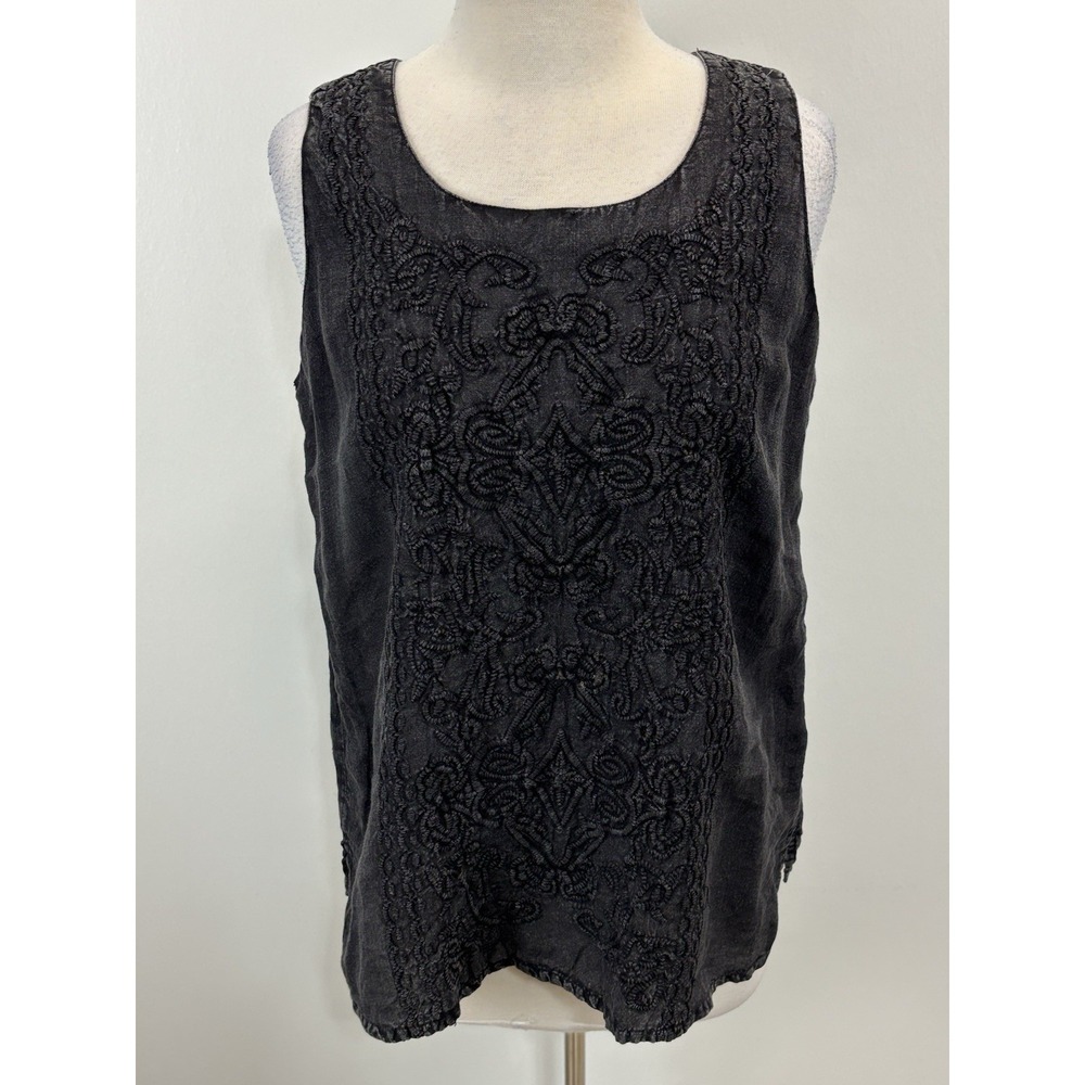 Karyn Seo Linen Embroidered Top Shirt Womens M Black Boho Lagenlook Coastal